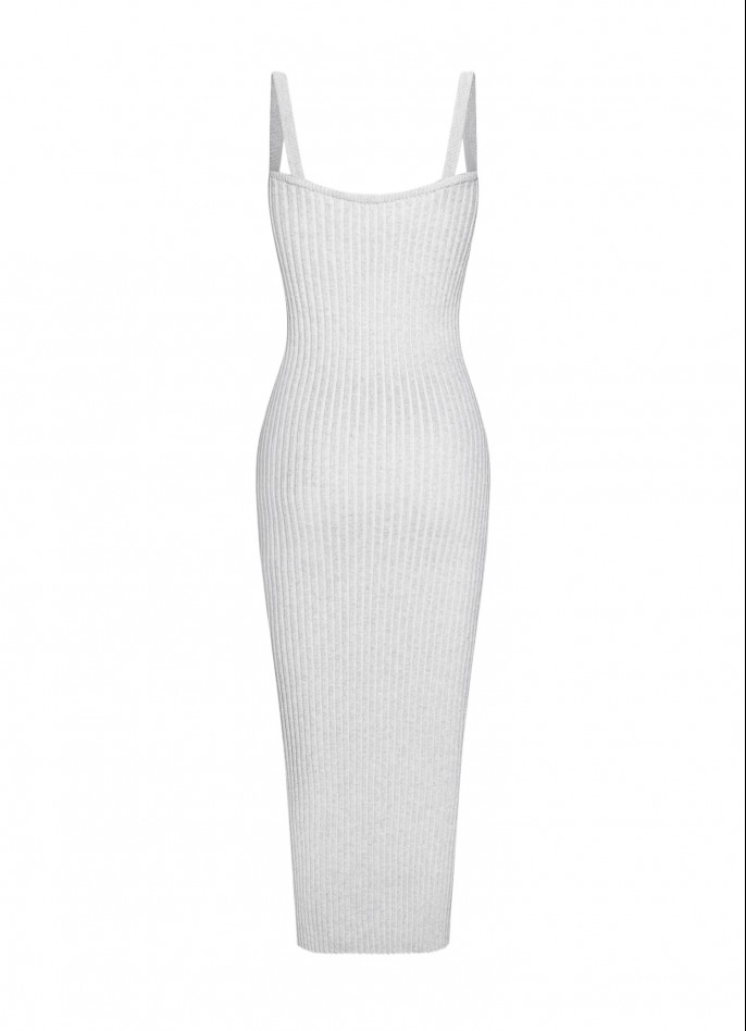 RIBBED KNIT TWIST MIDI DRESS - SILVER